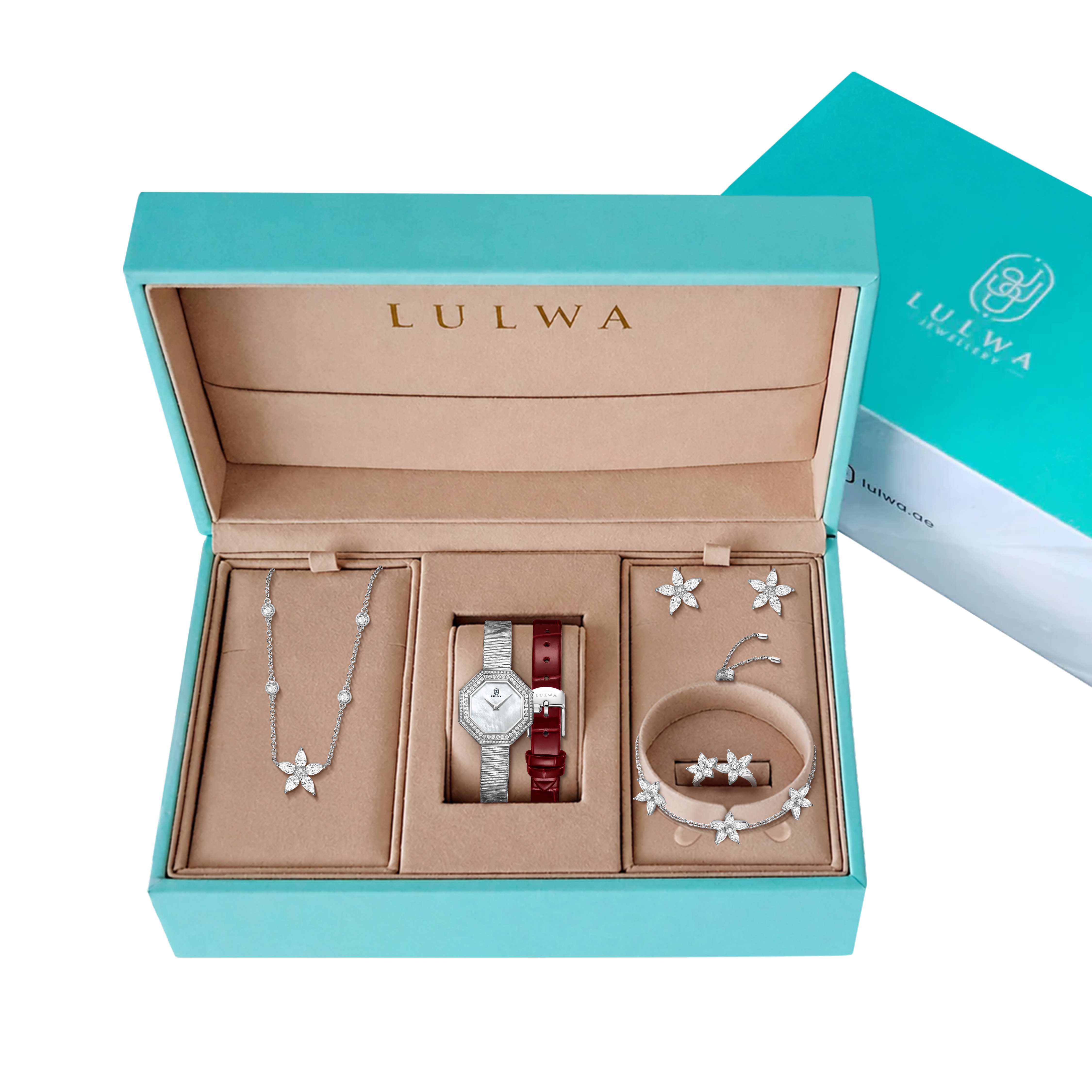 A LULWA jewelry gift set displayed in a turquoise and beige presentation box, including a silver necklace with pearl-like beads, a silver watch with a red strap, a silver bracelet, and matching flower-shaped earrings.