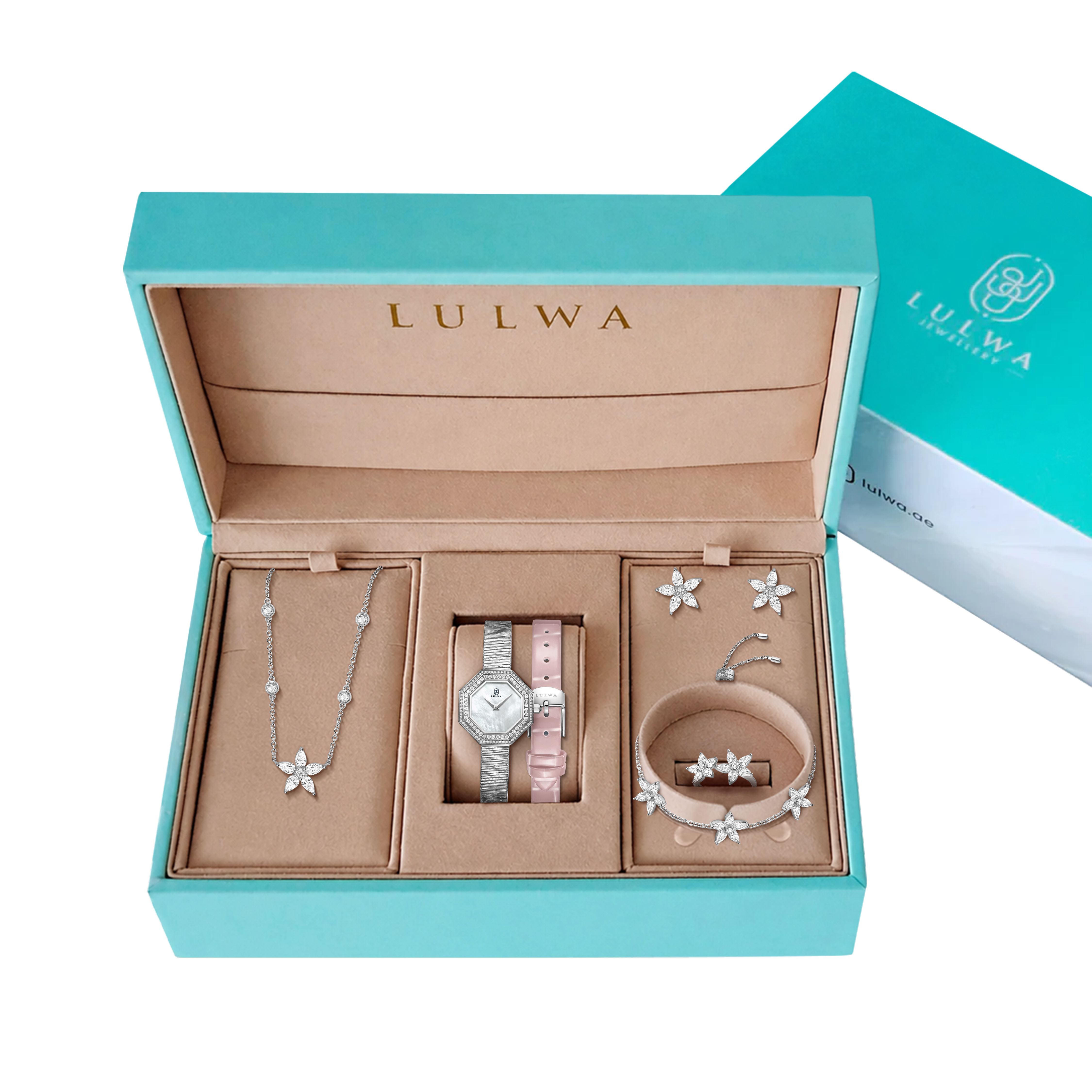 A LULWA jewelry gift set displayed in a turquoise and beige presentation box, featuring a silver necklace with pearl-like beads, a silver watch with a pink strap, and silver jewelry pieces with white flower charms.