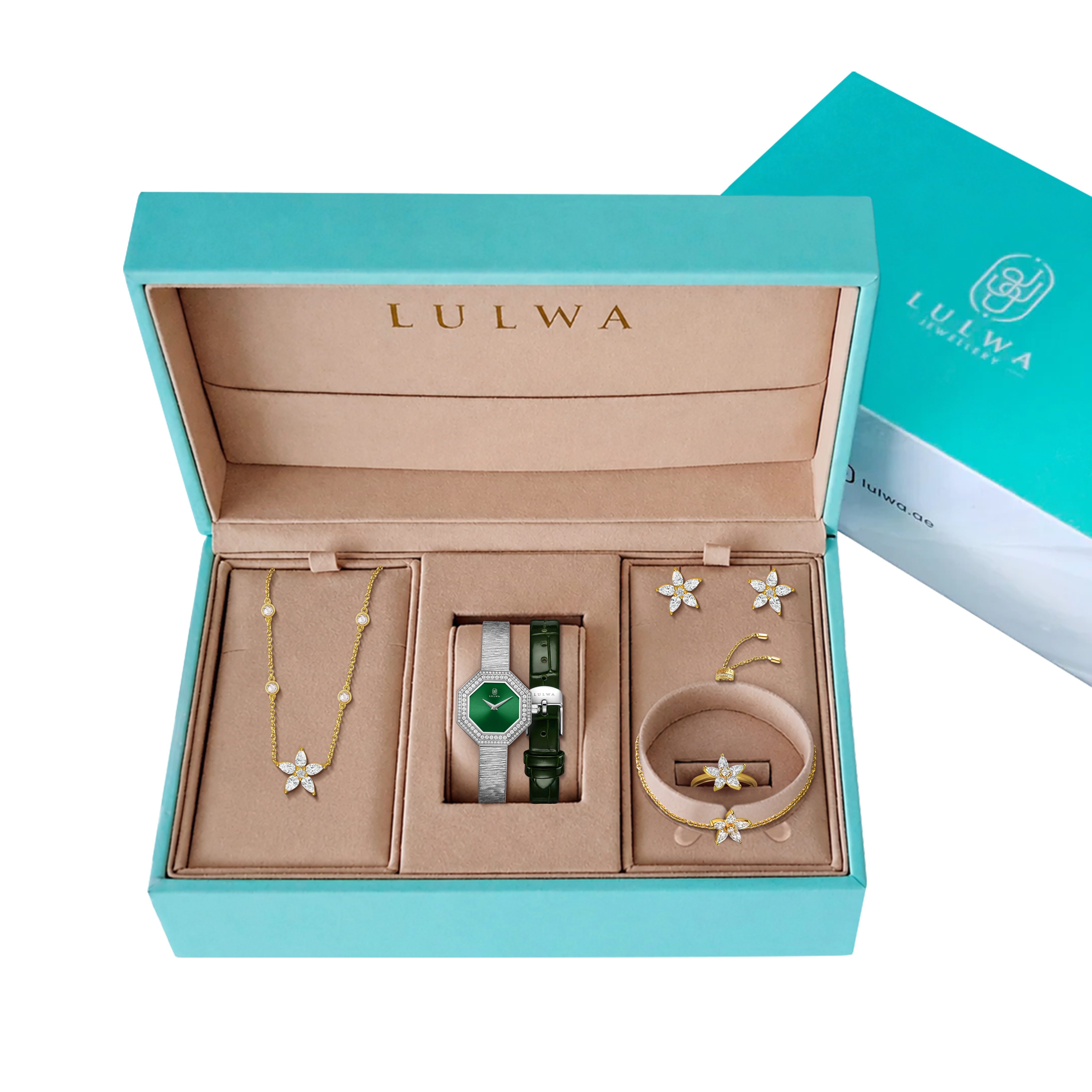 A luxury jewelry gift set from LULWA, displayed in a signature turquoise blue box. The set includes a gold necklace with pearl beads, a silver and green watch, a gold bracelet with a flower motif, and matching flower-shaped earrings.