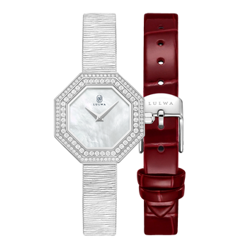 Burgundy_striprcolor An octagonal women's watch by LULWA, featuring a silver-tone bezel set with clear crystals, a white mother-of-pearl dial, and a silver-tone textured metal bracelet, shown alongside a deep burgundy leather strap with a silver buckle.