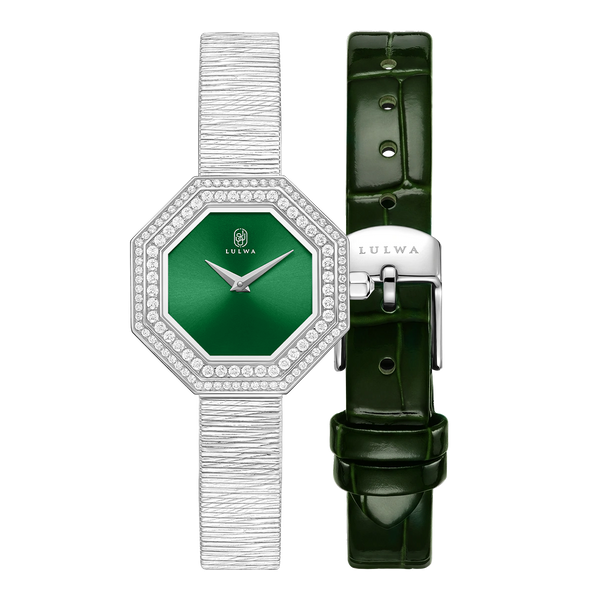 darkgreen_striprcolor Lulua women's watch featuring an octagonal silver-tone case encrusted with small clear stones, a vibrant green dial, and a matching dark green leather strap with a silver buckle.