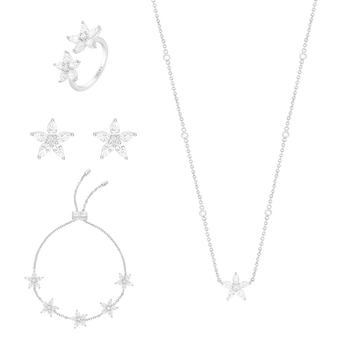 Silver jewelry set with necklace, ring, and earrings.