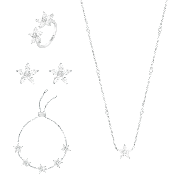 Silver jewelry set with necklace, ring, and earrings.